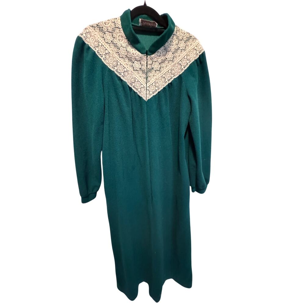 Vintage Vassarette Emerald Fleece Robe Lace Trim Zip Front Maxi Lounge Dress